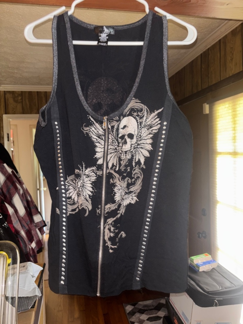 Black Studded Skull Zip-Front Tank Top.  Bus stop by Los Angeles